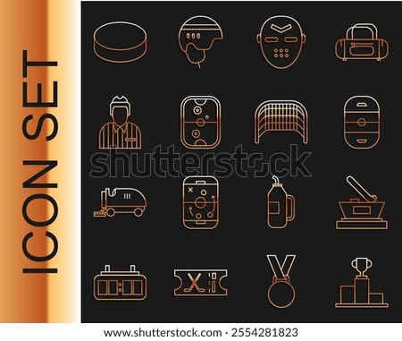 Set line Hockey over sports winner podium, Ice hockey cup champion, rink, mask, Air table, judge, referee, arbiter, puck and goal icon. Vector