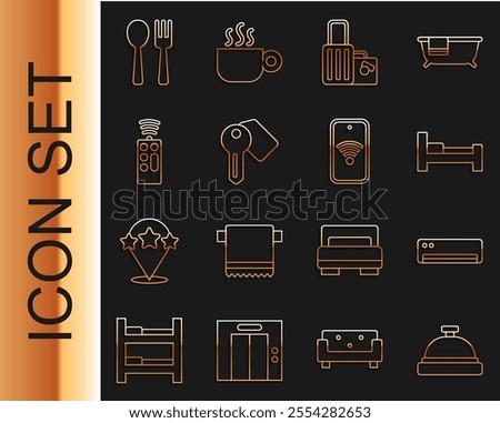 Set line Hotel service bell, Air conditioner, room bed, Suitcase, door lock key, Remote control, Fork and spoon and Mobile with wi-fi wireless icon. Vector