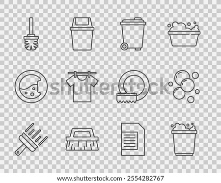 Set line Rubber cleaner for windows, Bucket with foam, Trash can, Brush cleaning, Toilet brush, Drying clothes, Laundry detergent and Soap water bubbles icon. Vector