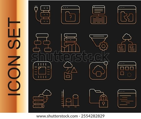 Set line Software, Loading data window, Cloud technology transfer, Server, Data, Web Hosting, Hierarchy organogram chart,  and Filter setting icon. Vector