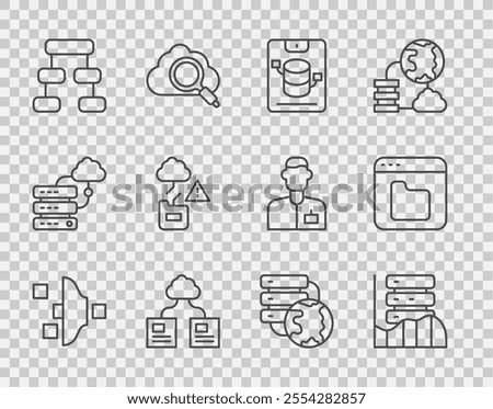 Set line Filter setting, Server, Data, Web Hosting, Cloud technology data transfer, Hierarchy organogram chart, Network cloud connection and Browser files icon. Vector