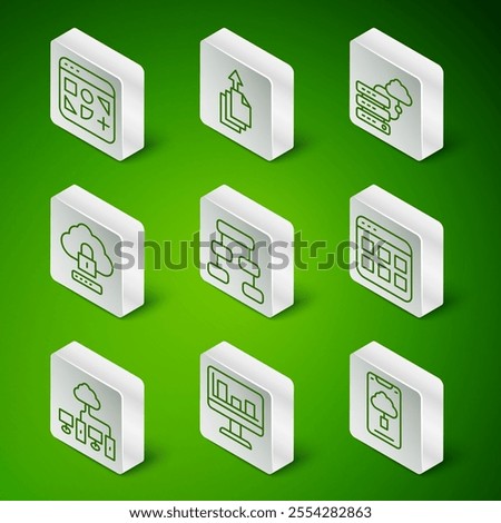 Set line Cloud technology data transfer, Monitor with graph chart, Different files, Hierarchy organogram, computing lock, Data export, Computer network and Browser icon. Vector