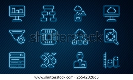 Set line Data analysis, Search concept with folder, Cloud technology data transfer, Processor CPU, Filter setting, Monitor graph chart,  and Hierarchy organogram icon. Vector