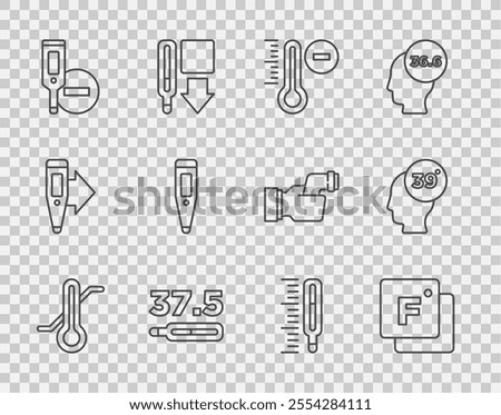 Set line Meteorology thermometer, Fahrenheit, Medical, Digital,  and High human body temperature icon. Vector