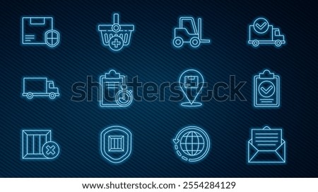 Set line Envelope, Verification of delivery list clipboard, Forklift truck, Delivery cargo vehicle, security with shield, Location cardboard box and Add to Shopping basket icon. Vector