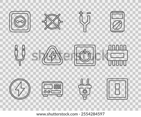 Set line Lightning bolt, Electric light switch, cable, Electrical measuring instruments, outlet, High voltage, plug and Processor with microcircuits CPU icon. Vector