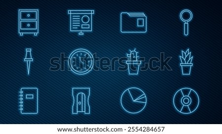 Set line CD or DVD disk, Plant in pot, Document folder, Clock, Push pin, Drawer with documents, Cactus and succulent and Chalkboard diagram icon. Vector