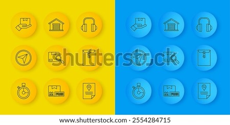 Set line Fast time delivery, Infographic of city map navigation, Search package, Document tracking marker system, Envelope, Delivery hand with boxes, Headphones and Warehouse icon. Vector