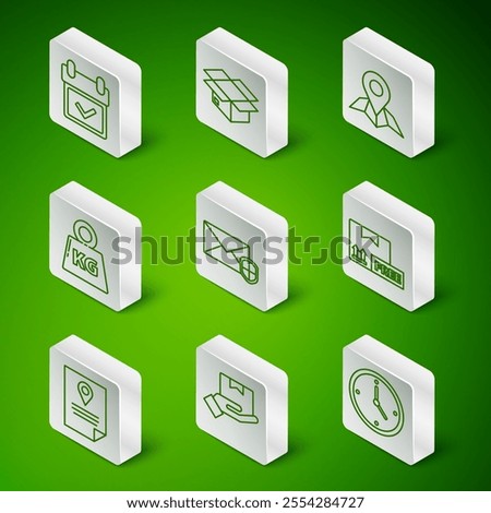 Set line Fast time delivery, Delivery hand with boxes, Calendar check mark, Envelope shield, Weight, Carton cardboard, Document tracking marker system and Cardboard free symbol icon. Vector