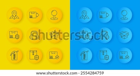 Set line Price tag with Free, Delivery pack security shield, Headphones, Package box check mark, Carton cardboard, Placeholder map paper, Push pin and Cardboard traffic symbol icon. Vector