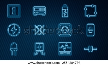 Set line Electric circuit scheme, light switch, Battery, Lightning bolt, Electrical outlet and measuring instruments icon. Vector