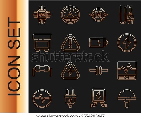 Set line Light emitting diode, Lightning bolt, circuit scheme, Exclamation mark triangle, Fuse, Processor with microcircuits CPU and Battery charge level indicator icon. Vector