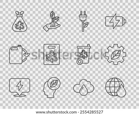 Set line Lightning bolt, Earth planet water drop, Electric saving plug leaf, Human head with inside, Garbage bag recycle, Paper, Cloud rain and Leaf plant gear machine icon. Vector