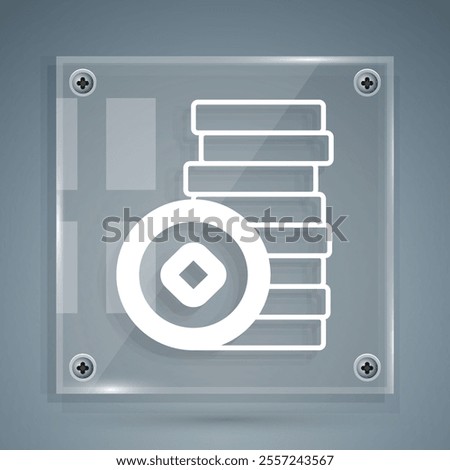 White Chinese Yuan currency symbol icon isolated on grey background. Coin money. Banking currency sign. Cash symbol. Square glass panels. Vector