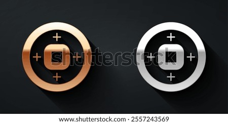 Gold and silver Chinese Yuan currency symbol icon isolated on black background. Coin money. Banking currency sign. Cash symbol. Long shadow style. Vector