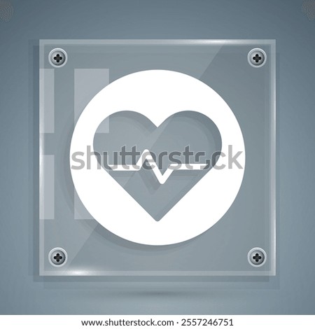 White Heart rate icon isolated on grey background. Heartbeat sign. Heart pulse icon. Cardiogram icon. Square glass panels. Vector