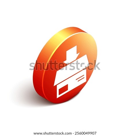 Isometric Carton cardboard box icon isolated on white background. Box, package, parcel sign. Delivery and packaging. Orange circle button. Vector Illustration