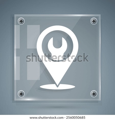 White Location with wrench spanner icon isolated on grey background. Adjusting, service, setting, maintenance, repair, fixing. Square glass panels. Vector Illustration