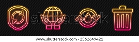 Set line Recycle clean aqua, Recycle symbol inside shield, Hands holding Earth globe and Trash can. Glowing neon icon. Vector