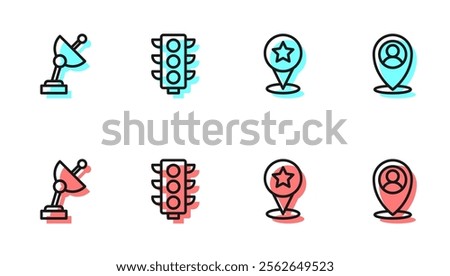 Set line Map pointer with star, Radar, Traffic light and Location person icon. Vector