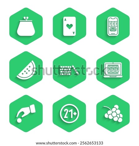 Set Casino chips, 21 plus, slot machine with grape, Laptop and, Hand holding casino, watermelon, poker tournament invitation and Wallet icon. Vector