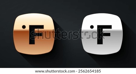 Gold and silver Fahrenheit icon isolated on black background. Long shadow style. Vector