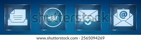 Set Drawer with document, Paper plane, Envelope and check mark and Mail and e-mail. Square glass panels. Vector