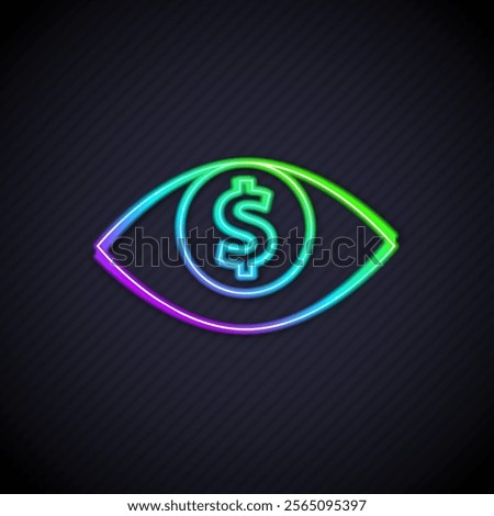 Glowing neon line Eye with dollar icon isolated on black background.  Vector