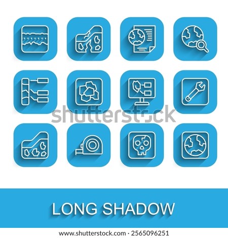 Set line Ground, Roulette construction, Soil ground layers, Archeology, Earth globe, Gold nugget, Wrench spanner and analysis icon. Vector