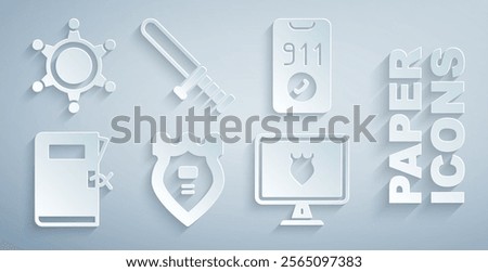 Set Police badge, Telephone call 911, station folder, database, rubber baton and Hexagram sheriff icon. Vector