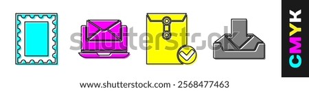 Set Postal stamp, Laptop with envelope, Envelope and check mark and Download inbox icon. Vector