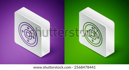 Isometric line Chinese Yuan currency symbol icon isolated on purple and green background. Coin money. Banking currency sign. Cash symbol. Silver square button. Vector