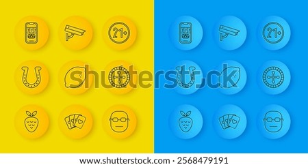 Set line Casino slot machine with strawberry, Horseshoe, lemon, Poker player, roulette wheel, poker tournament invitation, 21 plus and Security camera icon. Vector