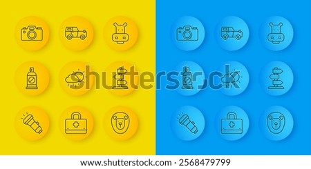 Set line Flashlight, Spray against insects, Cloud with rain, Wild lion, Road traffic sign, Photo camera, Hippo or Hippopotamus and Off road car icon. Vector