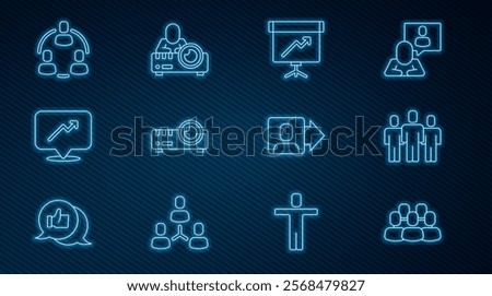 Set line Project team base, Users group, Chalkboard with diagram, Media projector, Graph, schedule, chart, Team leader and  icon. Vector