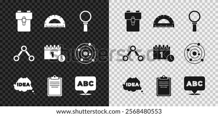 Set School backpack, Protractor, Magnifying glass, Idea, speech bubble, Clipboard with checklist, Alphabet, Molecule and Calendar first september date icon. Vector