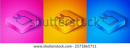 Isometric line Undershirt icon isolated on pink and orange, blue background. Square button. Vector