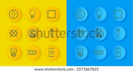 Set line Electrical outlet, circuit scheme, Ampere meter, multimeter, voltmeter, light switch, USB cable cord, Lightning bolt,  and emitting diode icon. Vector