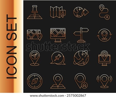 Set line Map pin, Monitor with map location, Location the globe, Gps device, Folded marker and Road traffic sign icon. Vector