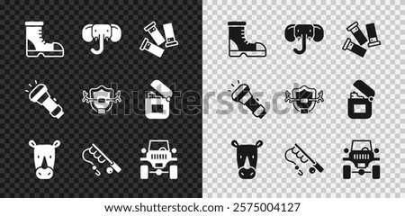 Set Hunter boots, Elephant, Cartridges, Rhinoceros, Fishing rod, Off road car, Flashlight and Deer antlers on shield icon. Vector