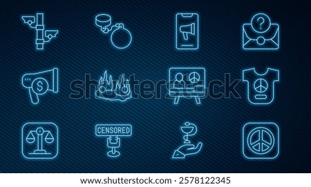 Set line Peace, Protest, Burning car, Megaphone and dollar, Security camera,  and Ball chain icon. Vector