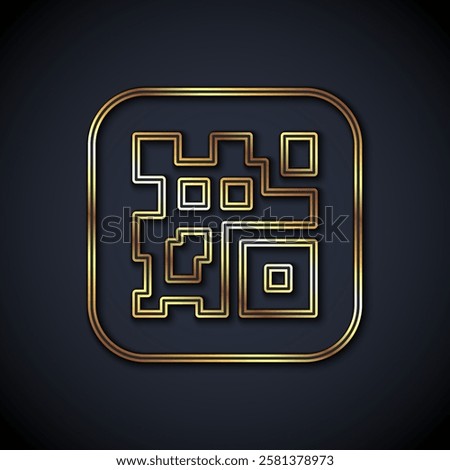 Gold line QR code sample for smartphone scanning icon isolated on black background.  Vector