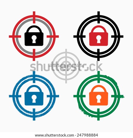 Vector lock icon on target icons background. Crosshair icon. Vector illustration.