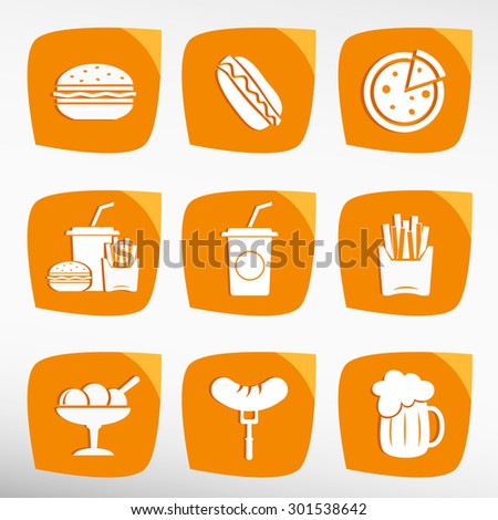Fast food icons set (hamburger, pizza, hot dog, sausage, ice cream, soft drink, beer, fried potatoes)