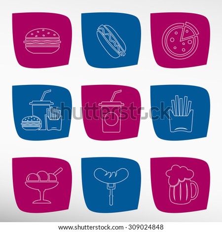 Set of the fast food related icons (hamburger, pizza, hot dog, sausage, ice cream, soft drink, beer, fried potatoes)