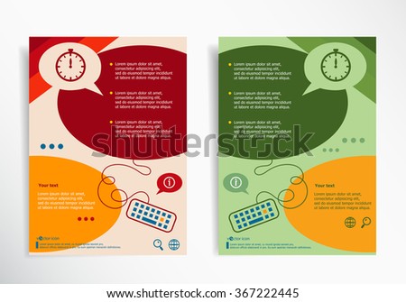 Stopwatch on abstract brochure design. Set of corporate business stationery templates. Modern back and front flyer backgrounds.