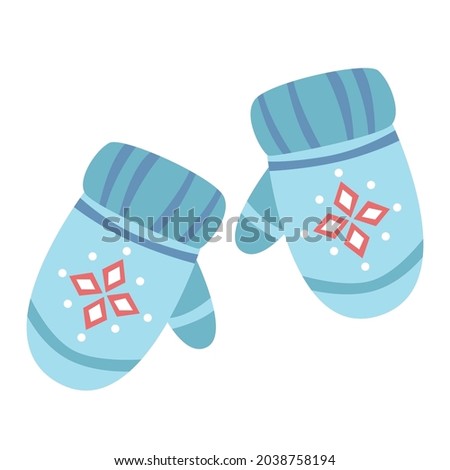 Blue knitted mittens flat style clip art. Isolated vector.