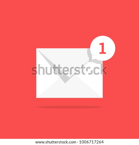 white notification 1 email icon with speech bubble. concept of online talk or speak by messages or full mail box like correspondence. trend simple ui logotype graphic design isolated on red background