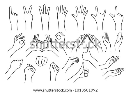 set of realistic gestures hand shape. black ley stroke logo graphic art design isolated on white. concept of stop, help, rock, symbol v, right left, animated number one, two, three, four, five, zero
