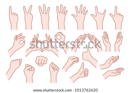 collection hand shape like gesture. concept of stop help or rock symbol v, right or left, animated number one, two, three, four, five, zero. simple ley stroke logo graphic art design isolated on white